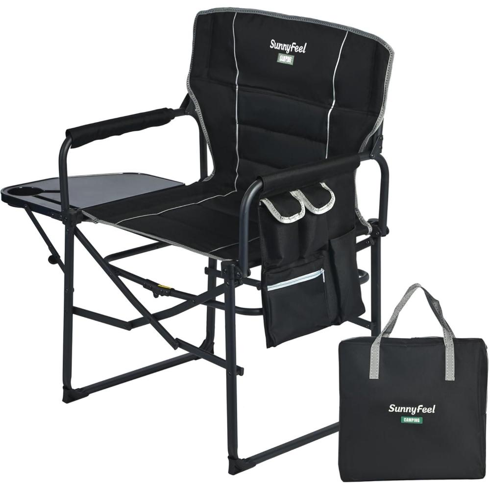 image:imageSUNNYFEEL Oversized Camping Directors Chair Portable Folding Lawn Chairs for Adults Heavy Duty with Side TablePocket for Beach FishingPicnicConcertTailgatingOutdoor Foldable Camp ChairBlack Padded