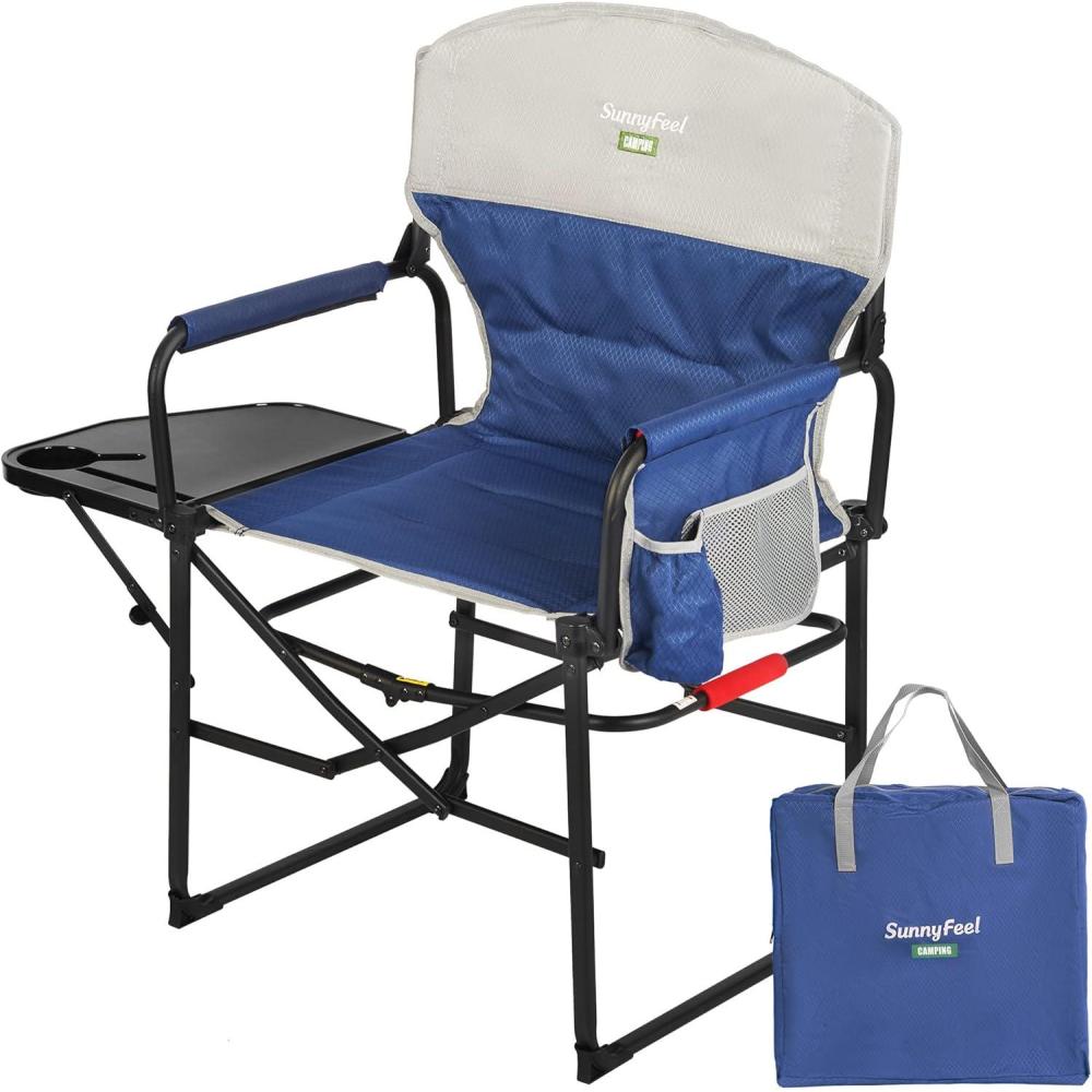 image:imageSUNNYFEEL Oversized Camping Directors Chair Portable Folding Lawn Chairs for Adults Heavy Duty with Side TablePocket for Beach FishingPicnicConcertTailgatingOutdoor Foldable Camp ChairPadded Blue