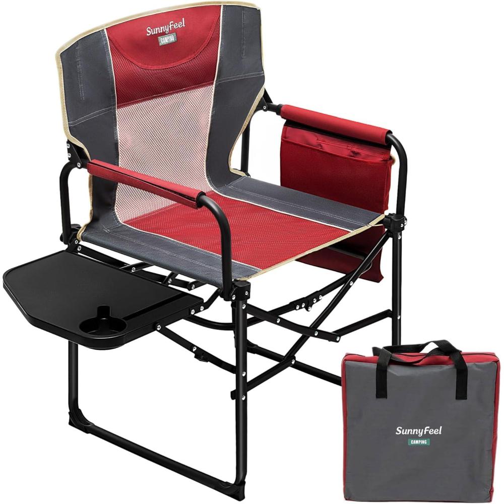 image:imageSUNNYFEEL Oversized Camping Directors Chair Portable Folding Lawn Chairs for Adults Heavy Duty with Side TablePocket for Beach FishingPicnicConcertTailgatingOutdoor Foldable Camp ChairRed