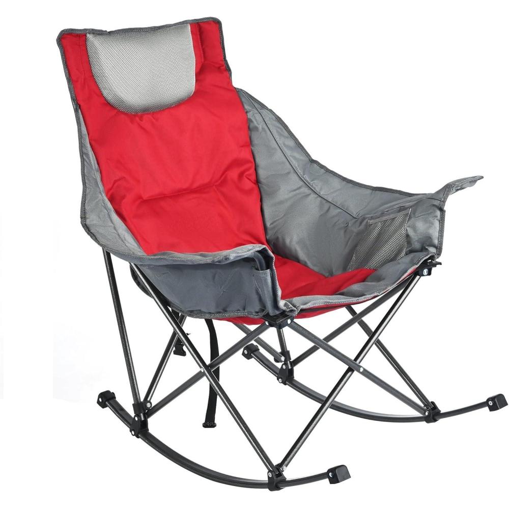 image:imageSUNNYFEEL Oversized Rocking Camping Chair Fully Padded Patio Chair with Side Pocket High Back Portable Lawn Recliner with Headrest Outdoor Camp Rocker Chairs for Adults Heavy Duty 500 LBS Carry BagRed Grey