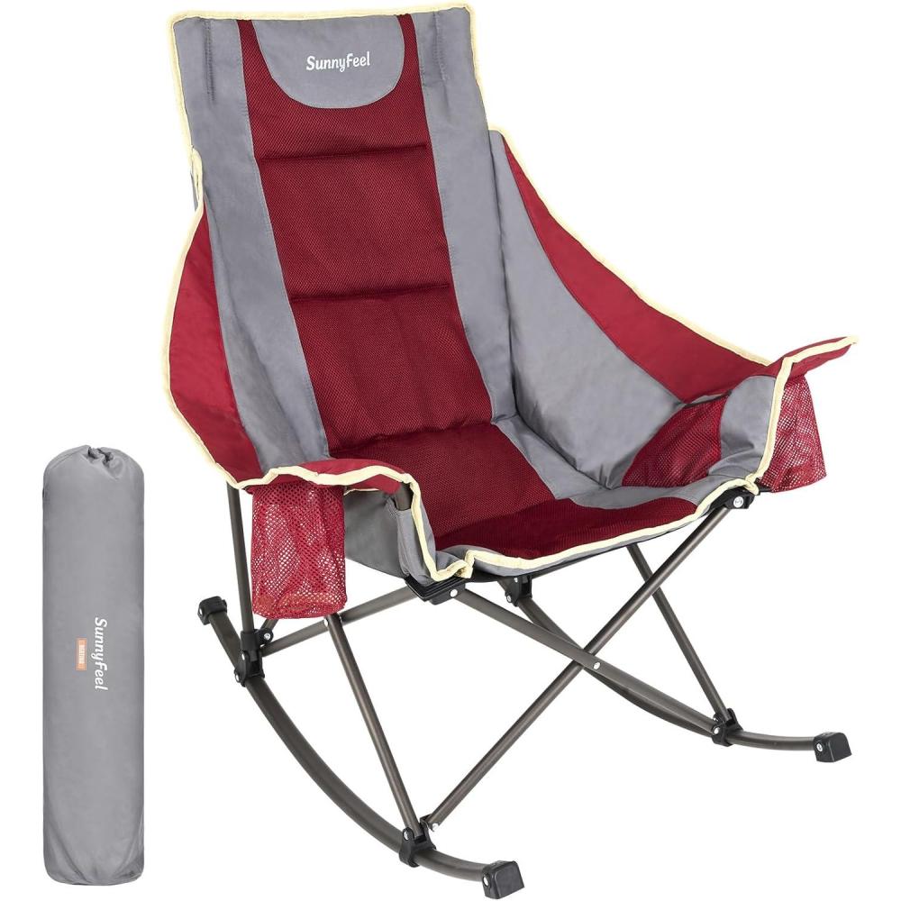 image:imageSUNNYFEEL Oversized Rocking Camping Chair Fully Padded Patio Chair with Side Pocket High Back Portable Lawn Recliner with Headrest Outdoor Camp Rocker Chairs for Adults Heavy Duty 500 LBS Carry BagMesh Red