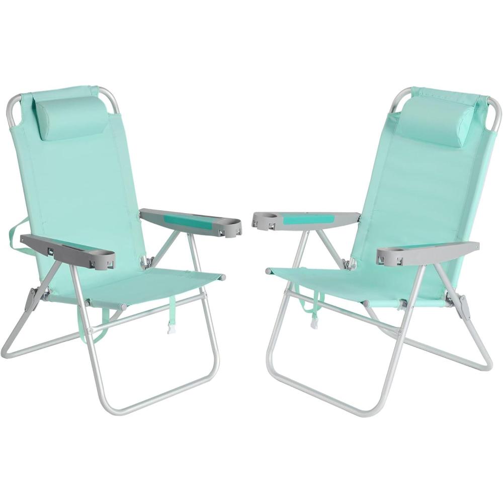 image:imageSUNNYFEEL Oversized Tall Folding Beach Chair Lightweight 17 Portable Sand Chair for Adults Heavy Duty 500 LBS with Cup Holders Foldable High Camping Lawn Chairs for CampOutdoorPicnicSportsTeal2pack