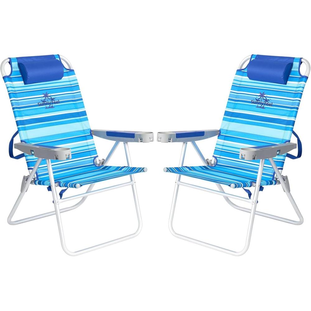 image:imageSUNNYFEEL Oversized Tall Folding Beach Chair Lightweight 17 Portable Sand Chair for Adults Heavy Duty 500 LBS with Cup Holders Foldable High Camping Lawn Chairs for CampOutdoorPicnicSportsLightblue Stripe2pack