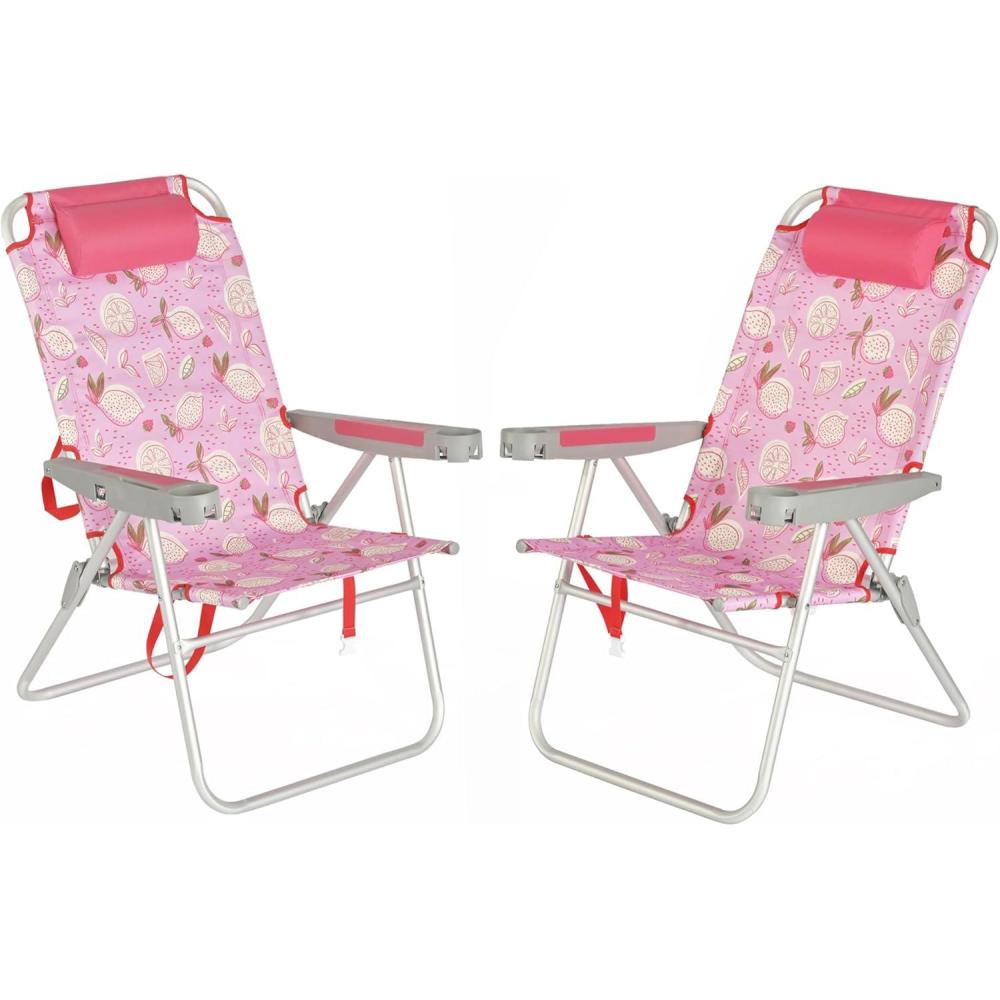 image:imageSUNNYFEEL Oversized Tall Folding Beach Chair Lightweight 17 Portable Sand Chair for Adults Heavy Duty 500 LBS with Cup Holders Foldable High Camping Lawn Chairs for CampOutdoorPicnicSportsPink Lemon2pack