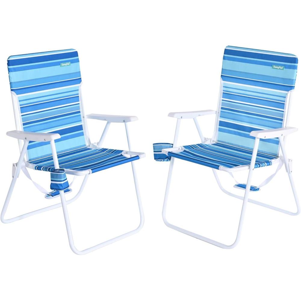 image:imageSunnyFeel 15 Tall Folding Beach Chair Oversized Portable High Seat Sand Chair for Adults Heavy Duty 300 LBS Foldable Camping Lawn Chairs for CampOutdoorTravelPicnicConcertSportsLight Blue Stripe2pack