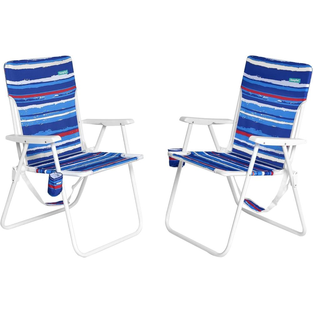 image:imageSunnyFeel 15 Tall Folding Beach Chair Oversized Portable High Seat Sand Chair for Adults Heavy Duty 300 LBS Foldable Camping Lawn Chairs for CampOutdoorTravelPicnicConcertSportsBlue Stripe2pack