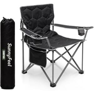 image:imageSUNNYFEEL Camping Chairs for Adults Padded Oversized Camping Chair Heavy Duty 500LBS Portable Lawn Chair with Cup Holder Side PocketampBag for Outdoor CampingBeachPicnicFishing BlackBlack1pc