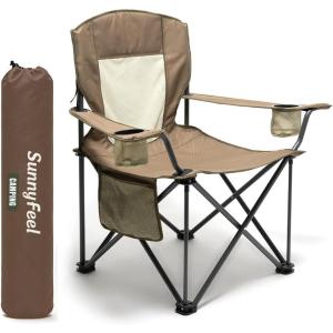 image:imageSUNNYFEEL Camping Chairs for Adults Padded Oversized Camping Chair Heavy Duty 500LBS Portable Lawn Chair with Cup Holder Side PocketampBag for Outdoor CampingBeachPicnicFishing BlackKhakimesh 1pc