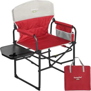image:imageSUNNYFEEL Camping Directors Chair Heavy DutyOversized Portable Folding Chair with Side Table Pocket for Beach FishingTripPicnicLawnConcert Outdoor Foldable Camp ChairsPadded Red