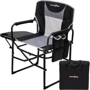 image:imageSUNNYFEEL Camping Directors Chair Heavy DutyOversized Portable Folding Chair with Side Table Pocket for Beach FishingTripPicnicLawnConcert Outdoor Foldable Camp ChairsBlack Grey