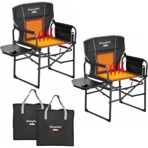 image:imageSUNNYFEEL Camping Directors Chair Heavy DutyOversized Portable Folding Chair with Side Table Pocket for Beach FishingTripPicnicLawnConcert Outdoor Foldable Camp ChairsHeated Black2set