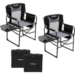 image:imageSUNNYFEEL Camping Directors Chair Heavy DutyOversized Portable Folding Chair with Side Table Pocket for Beach FishingTripPicnicLawnConcert Outdoor Foldable Camp ChairsBlack Grey2set