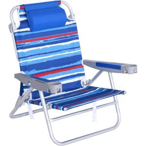 image:imageSUNNYFEEL Extra Wide 28 Low Beach Chair 5 Position Lay Flat XL Oversized Portable Folding Camping Chairs with Cup Holder for OutdoorTrip Lightweight Foldable Backpack Beach Chair for AdultsDarkblue Stripe