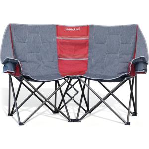 image:imageSUNNYFEEL Folding Double Camping Chair Oversized Loveseat Chair Heavy Duty PortableFoldable Lawn Chair with Storage for OutsideOutdoorTravelPicnic Fold Up Camp Chairs for Adults 2 PeopleGreyred