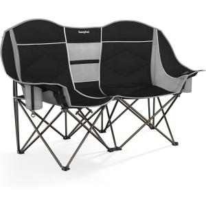 image:imageSUNNYFEEL Folding Double Camping Chair Oversized Loveseat Chair Heavy Duty PortableFoldable Lawn Chair with Storage for OutsideOutdoorTravelPicnic Fold Up Camp Chairs for Adults 2 PeopleBlack