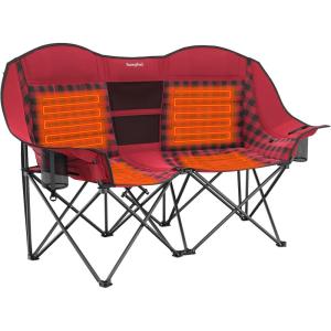image:imageSUNNYFEEL Heated Double Camping Chair Oversized Folding Loveseat Chair Heavy Duty PortableFoldable Lawn Chair for BeachOutdoorTravelPicnic Fold Up Camp Chairs for Adults 2 PeopleRed