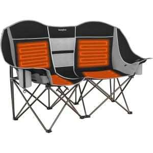 image:imageSUNNYFEEL Heated Double Camping Chair Oversized Folding Loveseat Chair Heavy Duty PortableFoldable Lawn Chair for BeachOutdoorTravelPicnic Fold Up Camp Chairs for Adults 2 PeopleBlack2