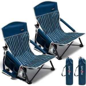 image:imageSUNNYFEEL Low Folding Beach Chair for Adults Portable Lightweight Sling Beach Camping Chairs with Cup Holder ArmrestFoldable Camp Lawn Chair for Outdoor Sand Concert Travel Sport Events300LBSNavy Blue2set