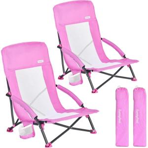 image:imageSUNNYFEEL Low Folding Beach Chair for Adults Portable Lightweight Sling Beach Camping Chairs with Cup Holder ArmrestFoldable Camp Lawn Chair for Outdoor Sand Concert Travel Sport Events300LBSLight Pink2set