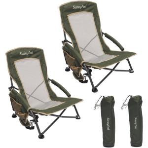 image:imageSUNNYFEEL Low Folding Beach Chair for Adults Portable Lightweight Sling Beach Camping Chairs with Cup Holder ArmrestFoldable Camp Lawn Chair for Outdoor Sand Concert Travel Sport Events300LBSGreen2set