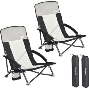 image:imageSUNNYFEEL Low Folding Beach Chair for Adults Portable Lightweight Sling Beach Camping Chairs with Cup Holder ArmrestFoldable Camp Lawn Chair for Outdoor Sand Concert Travel Sport Events300LBSBlack Grey2set
