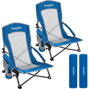 image:imageSUNNYFEEL Low Folding Beach Chair for Adults Portable Lightweight Sling Beach Camping Chairs with Cup Holder ArmrestFoldable Camp Lawn Chair for Outdoor Sand Concert Travel Sport Events300LBSBlue2set