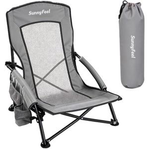 image:imageSUNNYFEEL Low Folding Beach Chair for Adults Portable Lightweight Sling Beach Camping Chairs with Cup Holder ArmrestFoldable Camp Lawn Chair for Outdoor Sand Concert Travel Sport Events300LBSGrey