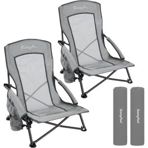 image:imageSUNNYFEEL Low Folding Beach Chair for Adults Portable Lightweight Sling Beach Camping Chairs with Cup Holder ArmrestFoldable Camp Lawn Chair for Outdoor Sand Concert Travel Sport Events300LBSGrey2set