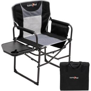 image:imageSUNNYFEEL Oversized Camping Directors Chair Portable Folding Lawn Chairs for Adults Heavy Duty with Side TablePocket for Beach FishingPicnicConcertTailgatingOutdoor Foldable Camp ChairBlack