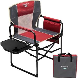 image:imageSUNNYFEEL Oversized Camping Directors Chair Portable Folding Lawn Chairs for Adults Heavy Duty with Side TablePocket for Beach FishingPicnicConcertTailgatingOutdoor Foldable Camp ChairRed