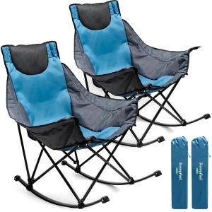 image:imageSUNNYFEEL Oversized Rocking Camping Chair Fully Padded Patio Chair with Side Pocket High Back Portable Lawn Recliner with Headrest Outdoor Camp Rocker Chairs for Adults Heavy Duty 500 LBS Carry BagBlue