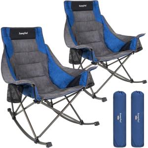 image:imageSUNNYFEEL Oversized Rocking Camping Chair Fully Padded Patio Chair with Side Pocket High Back Portable Lawn Recliner with Headrest Outdoor Camp Rocker Chairs for Adults Heavy Duty 500 LBS Carry BagSuede Blue