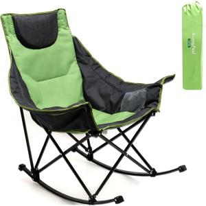 image:imageSUNNYFEEL Oversized Rocking Camping Chair Fully Padded Patio Chair with Side Pocket High Back Portable Lawn Recliner with Headrest Outdoor Camp Rocker Chairs for Adults Heavy Duty 500 LBS Carry BagGreen