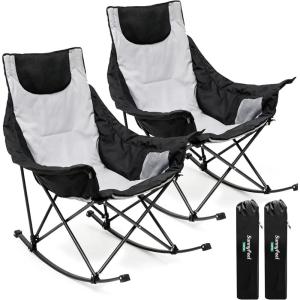 image:imageSUNNYFEEL Oversized Rocking Camping Chair Fully Padded Patio Chair with Side Pocket High Back Portable Lawn Recliner with Headrest Outdoor Camp Rocker Chairs for Adults Heavy Duty 500 LBS Carry BagGrey