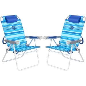 image:imageSUNNYFEEL Oversized Tall Folding Beach Chair Lightweight 17 Portable Sand Chair for Adults Heavy Duty 500 LBS with Cup Holders Foldable High Camping Lawn Chairs for CampOutdoorPicnicSportsLightblue Stripe2pack
