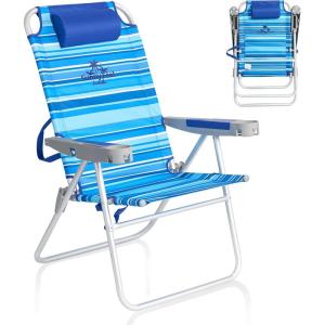 image:imageSUNNYFEEL Oversized Tall Folding Beach Chair Lightweight 17 Portable Sand Chair for Adults Heavy Duty 500 LBS with Cup Holders Foldable High Camping Lawn Chairs for CampOutdoorPicnicSportsLightblue Stripe
