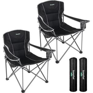 image:imageSUNNYFEEL XXL Oversized Camping Chair Heavy Duty 500 LBS for Big Tall People Above 64 Padded Portable Folding Sports Lawn Chairs with Armrest Cup Holder amp Pocket for OutdoorTravelPicnicCampBlack2pc
