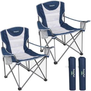 image:imageSUNNYFEEL XXL Oversized Camping Chair Heavy Duty 500 LBS for Big Tall People Above 64 Padded Portable Folding Sports Lawn Chairs with Armrest Cup Holder amp Pocket for OutdoorTravelPicnicCampBlue2pc