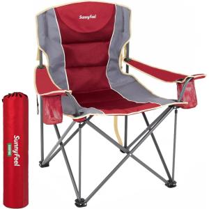 image:imageSUNNYFEEL XXL Oversized Camping Chair Heavy Duty 500 LBS for Big Tall People Above 64 Padded Portable Folding Sports Lawn Chairs with Armrest Cup Holder amp Pocket for OutdoorTravelPicnicCampRed1pc