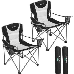 image:imageSUNNYFEEL XXL Oversized Camping Chair Heavy Duty 500 LBS for Big Tall People Above 64 Padded Portable Folding Sports Lawn Chairs with Armrest Cup Holder amp Pocket for OutdoorTravelPicnicCampGy2pc