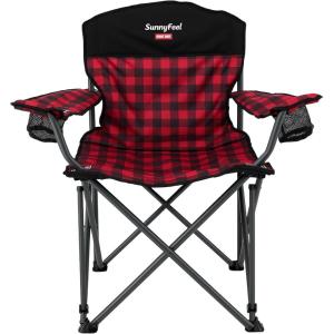 image:imageSUNNYFEEL XXL Oversized Camping Chair Heavy Duty 800 LBS for Big Tall People Padded Portable Folding Quad Lawn Chairs with Armrest Cup Holder amp Pocket for OutdoorTravelPicnicCampSportsBlack  Red800lbs1pc