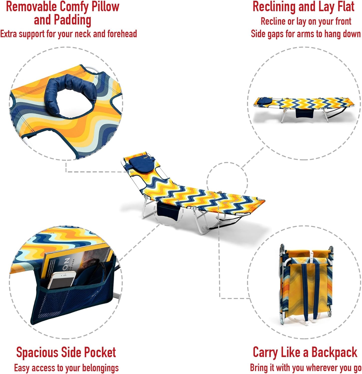 image:imageSunnyFeel Lounge Beach Chair for Adults with Face Hole Backpack Reclining Beach Chairs Lay Flat Sun Face Down Tanning Chair Portable Folding Camping Cot for Outside Pool Sunbathing ReadingOrange Wave