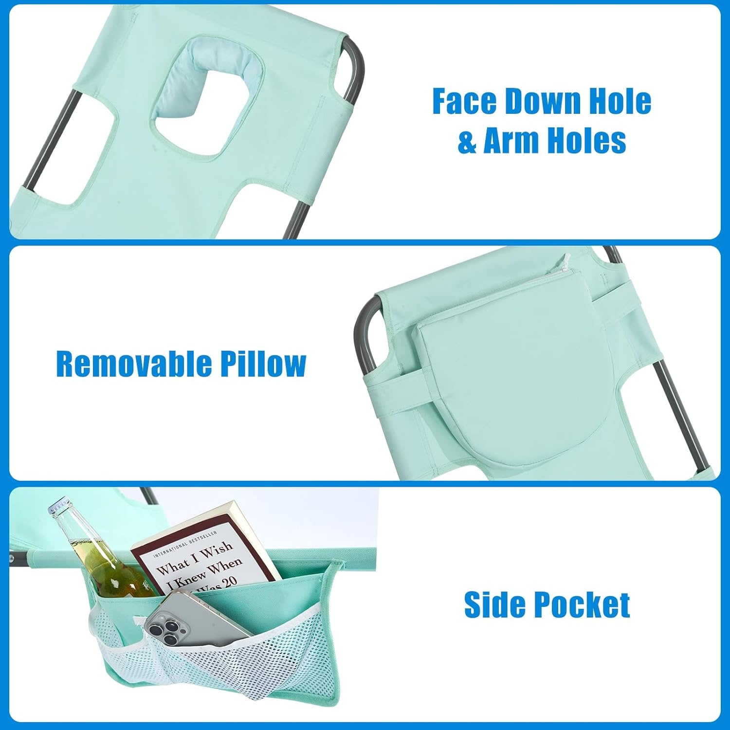image:imageSunnyFeel Lounge Beach Chair for Adults with Face Hole Backpack Reclining Beach Chairs Lay Flat Sun Face Down Tanning Chair Portable Folding Camping Cot for Outside Pool Sunbathing ReadingTeal