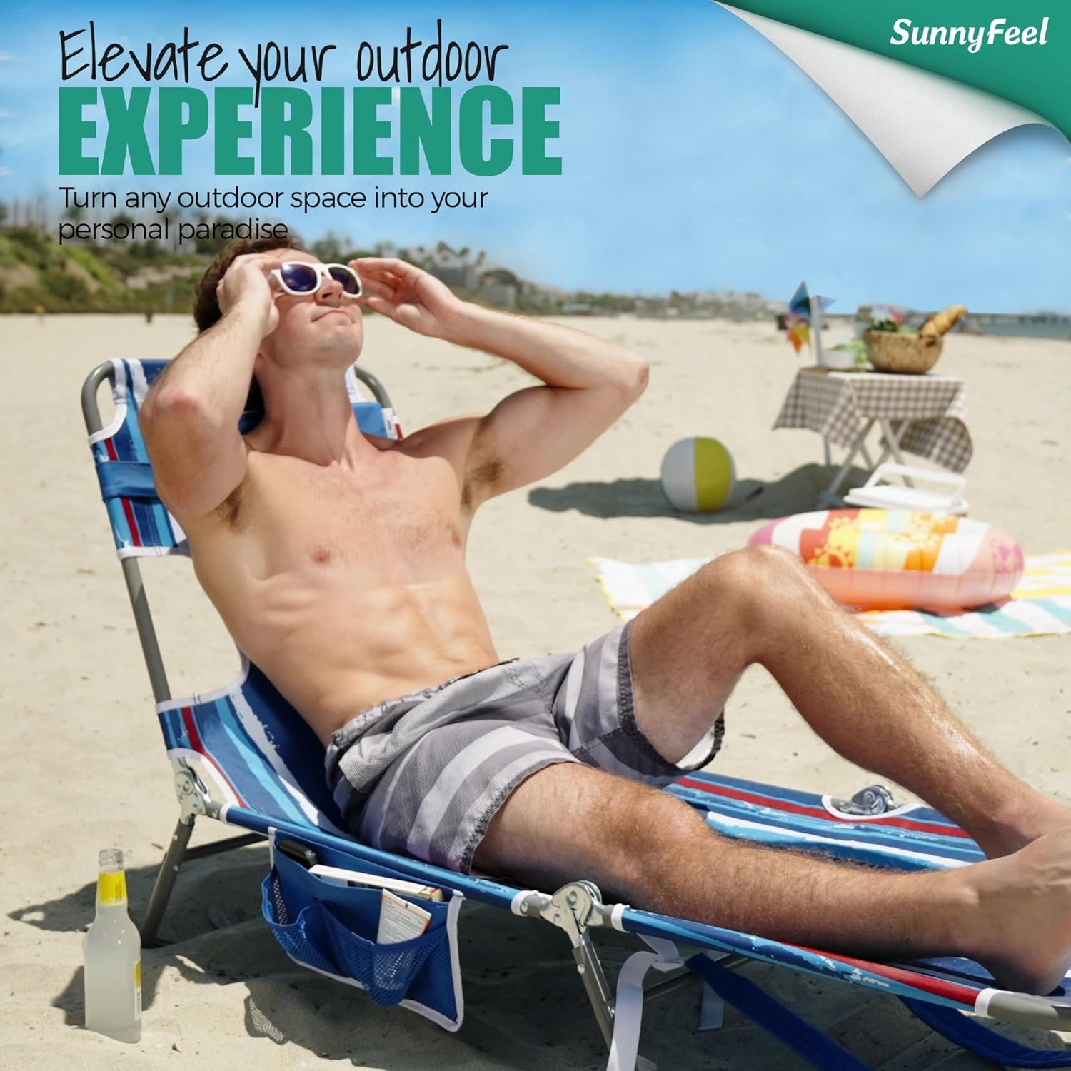 image:imageSunnyFeel Lounge Beach Chair for Adults with Face Hole Backpack Reclining Beach Chairs Lay Flat Sun Face Down Tanning Chair Portable Folding Camping Cot for Outside Pool Sunbathing ReadingOrange Wave