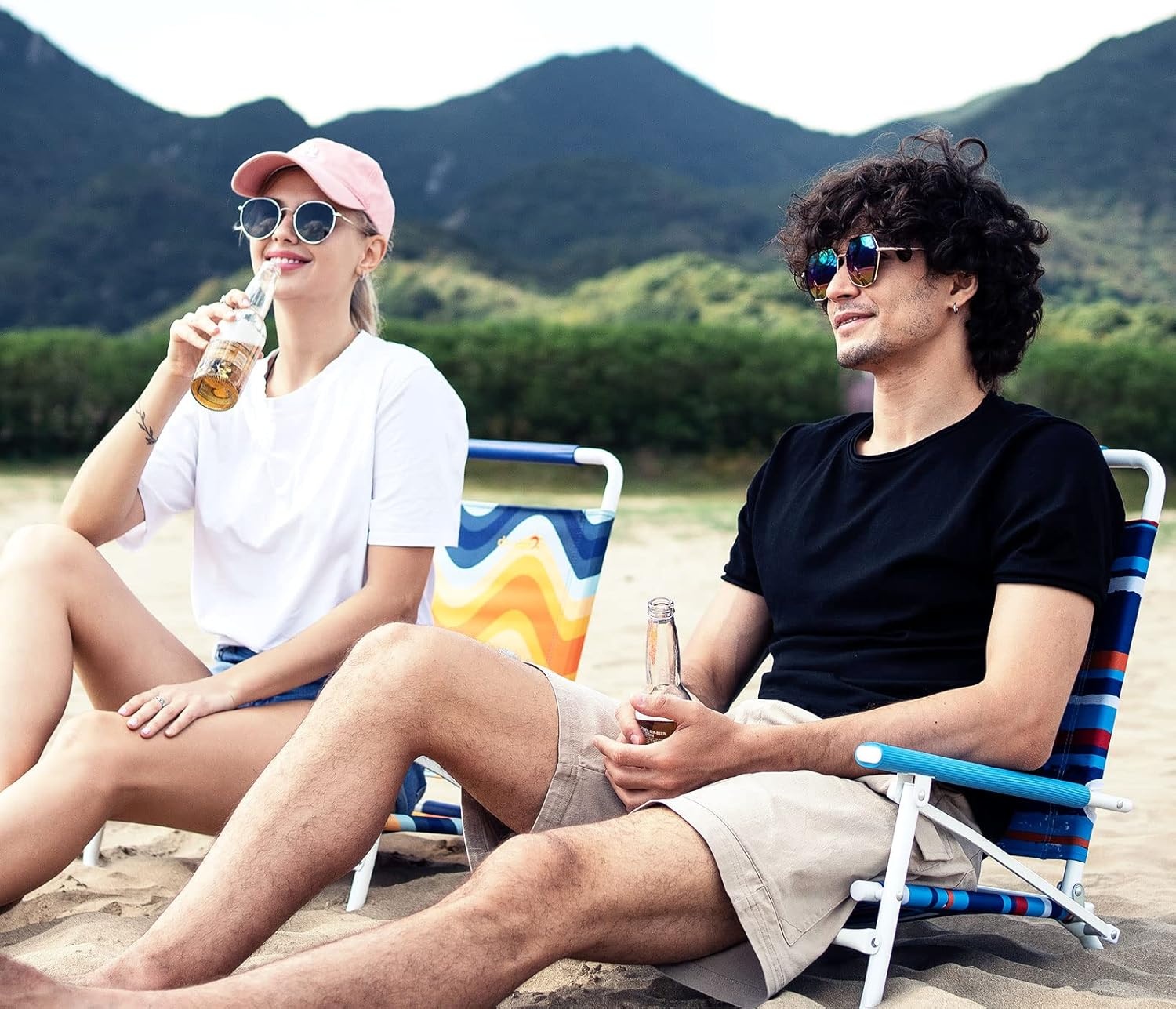 image:imageSunnyFeel Low Folding Beach Chair for Adults Lightweight Beach Chair Portable Camping Sand Chairs with Hard Armrest Supports 300lbs for Beach Lawn ConcertBlue2set