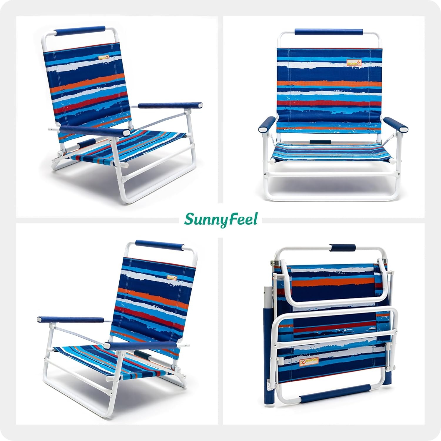 image:imageSunnyFeel Low Folding Beach Chair for Adults Lightweight Beach Chair Portable Camping Sand Chairs with Hard Armrest Supports 300lbs for Beach Lawn ConcertBlue Stripe