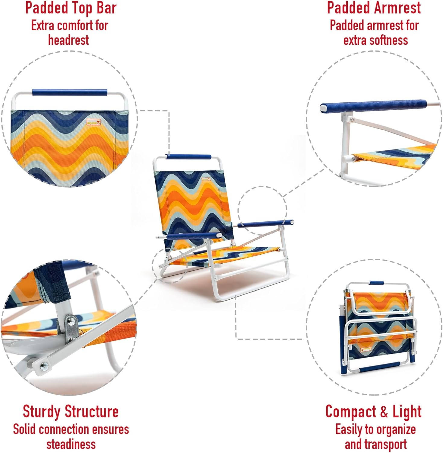 image:imageSunnyFeel Low Folding Beach Chair for Adults Lightweight Beach Chair Portable Camping Sand Chairs with Hard Armrest Supports 300lbs for Beach Lawn ConcertOrange Wave