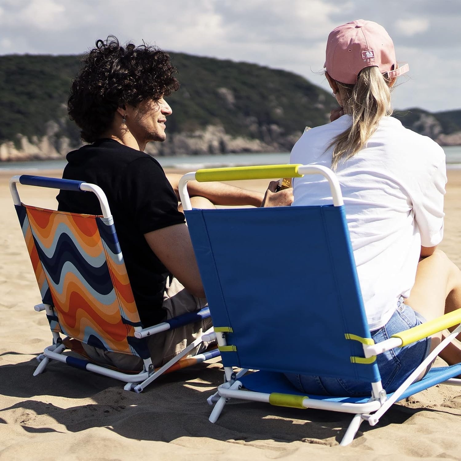 image:imageSunnyFeel Low Folding Beach Chair for Adults Lightweight Beach Chair Portable Camping Sand Chairs with Hard Armrest Supports 300lbs for Beach Lawn ConcertOrange Wave