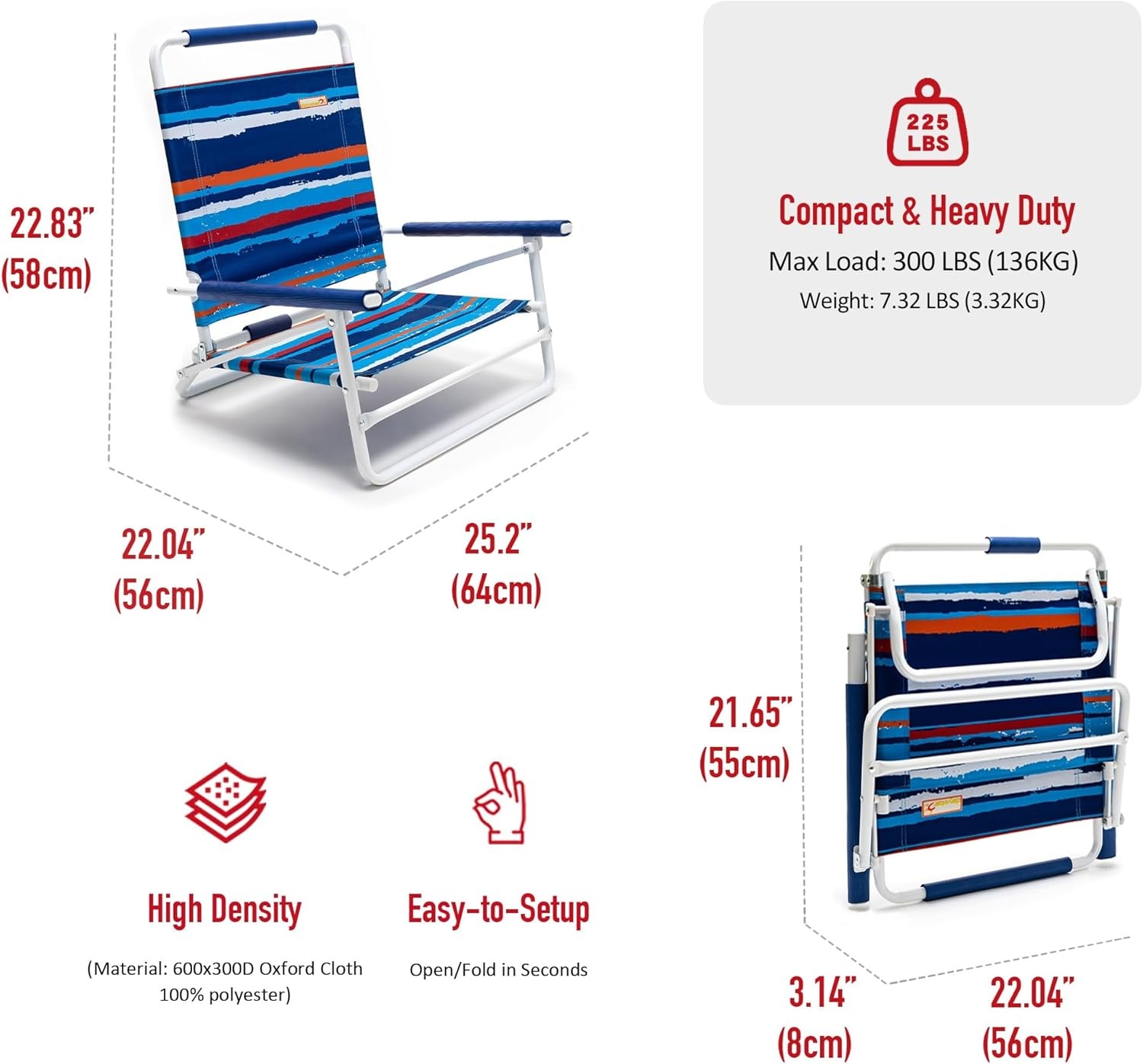 image:imageSunnyFeel Low Folding Beach Chair for Adults Lightweight Beach Chair Portable Camping Sand Chairs with Hard Armrest Supports 300lbs for Beach Lawn ConcertBlue Stripe