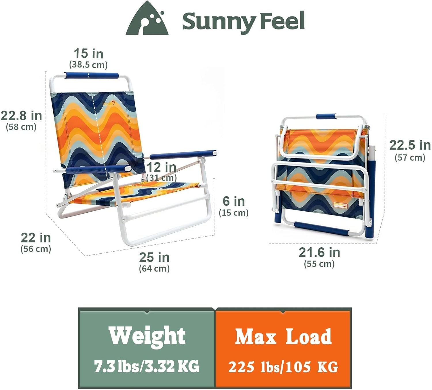 image:imageSunnyFeel Low Folding Beach Chair for Adults Lightweight Beach Chair Portable Camping Sand Chairs with Hard Armrest Supports 300lbs for Beach Lawn ConcertOrange Wave